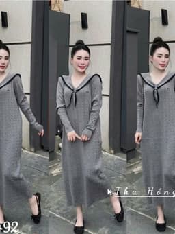 <Đầm Bầu Quynhanhhoue> (QC) #6492 Váy thuỷ thủ xoắn thừng thêu chữ Free sz đen/ghi Bầu bí bon chen 2