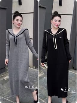 <Đầm Bầu Quynhanhhoue> (QC) #6492 Váy thuỷ thủ xoắn thừng thêu chữ Free sz đen/ghi Bầu bí bon chen 1
