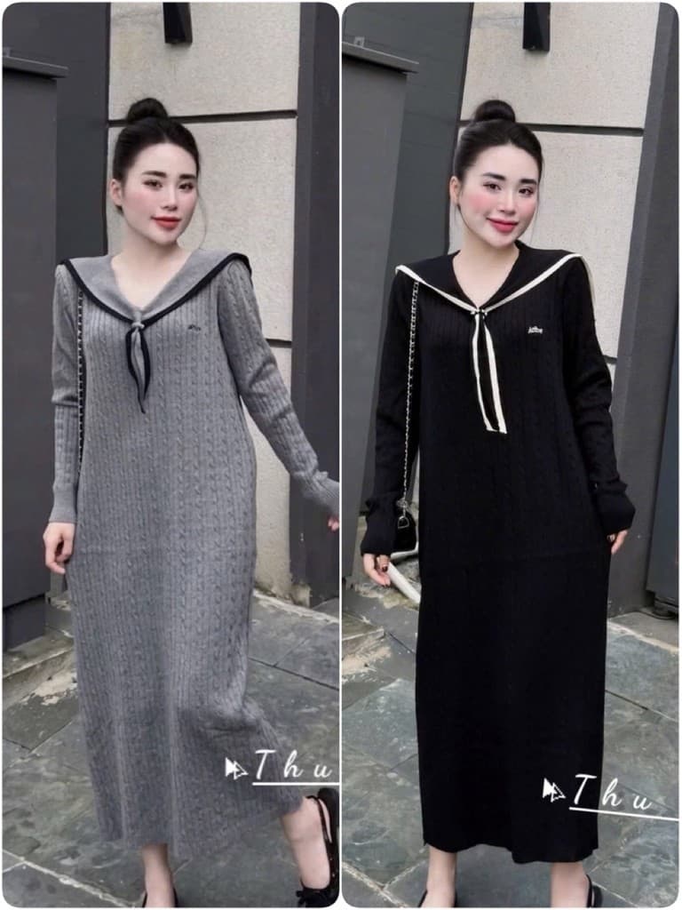 <Đầm Bầu Quynhanhhoue> (QC) #6492 Váy thuỷ thủ xoắn thừng thêu chữ Free sz đen/ghi Bầu bí bon chen