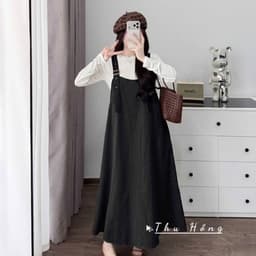 <Đầm Bầu Quynhanhhoue> (QC) #2702 Set váy yếm kèm áo thun Free sz nâu/be/đen Bầu bí bon chen 8
