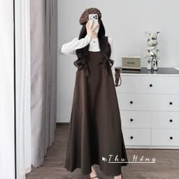 <Đầm Bầu Quynhanhhoue> (QC) #2702 Set váy yếm kèm áo thun Free sz nâu/be/đen Bầu bí bon chen 9
