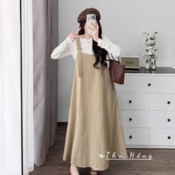<Đầm Bầu Quynhanhhoue> (QC) #2702 Set váy yếm kèm áo thun Free sz nâu/be/đen Bầu bí bon chen 7