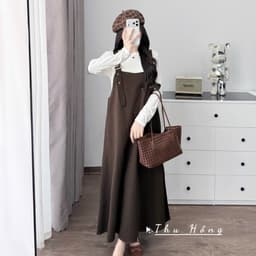<Đầm Bầu Quynhanhhoue> (QC) #2702 Set váy yếm kèm áo thun Free sz nâu/be/đen Bầu bí bon chen 6