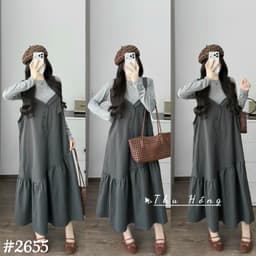 <Đầm Bầu Quynhanhhoue> (QC) #2655 Set váy yếm đuôi cá kèm áo thun tay dài Free sz ghi/rêu/đen Bầu bí bao đẹp 4