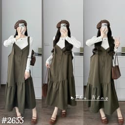 <Đầm Bầu Quynhanhhoue> (QC) #2655 Set váy yếm đuôi cá kèm áo thun tay dài Free sz ghi/rêu/đen Bầu bí bao đẹp 3