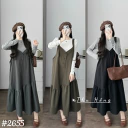 <Đầm Bầu Quynhanhhoue> (QC) #2655 Set váy yếm đuôi cá kèm áo thun tay dài Free sz ghi/rêu/đen Bầu bí bao đẹp 1