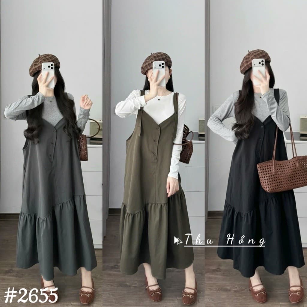 <Đầm Bầu Quynhanhhoue> (QC) #2655 Set váy yếm đuôi cá kèm áo thun tay dài Free sz ghi/rêu/đen Bầu bí bao đẹp