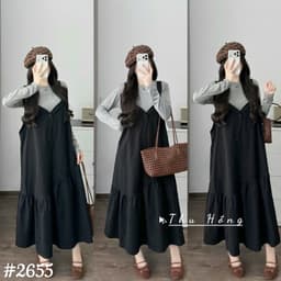 <Đầm Bầu Quynhanhhoue> (QC) #2655 Set váy yếm đuôi cá kèm áo thun tay dài Free sz ghi/rêu/đen Bầu bí bao đẹp 2
