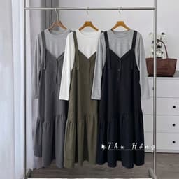 <Đầm Bầu Quynhanhhoue> (QC) #2655 Set váy yếm đuôi cá kèm áo thun tay dài Free sz ghi/rêu/đen Bầu bí bao đẹp 5