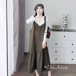 <Đầm Bầu Quynhanhhoue> (QC) #2655 Set váy yếm đuôi cá kèm áo thun tay dài Free sz ghi/rêu/đen Bầu bí bao đẹp 9
