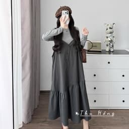 <Đầm Bầu Quynhanhhoue> (QC) #2655 Set váy yếm đuôi cá kèm áo thun tay dài Free sz ghi/rêu/đen Bầu bí bao đẹp 6