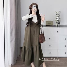 <Đầm Bầu Quynhanhhoue> (QC) #2655 Set váy yếm đuôi cá kèm áo thun tay dài Free sz ghi/rêu/đen Bầu bí bao đẹp 7