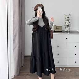 <Đầm Bầu Quynhanhhoue> (QC) #2655 Set váy yếm đuôi cá kèm áo thun tay dài Free sz ghi/rêu/đen Bầu bí bao đẹp 8