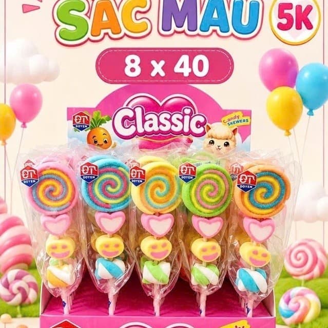 Sỉ khay 40 xiên kẹo dẻo bông mashmallow hình xoáy sắc màu nhiều vị, kẹo dẻo xiên hình xoáy sắc màu siêu hot cho bé