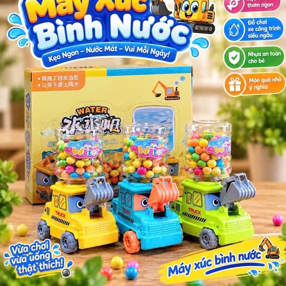 Hộp 8 chiếc Kẹo máy xúc bình nước siêu dễ thương cho bé, Đồ chơi kèm kẹo siêu hot