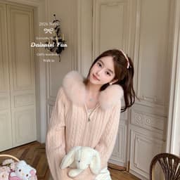 (CHICSEOUL) Áo khoác len hoạ tiết vặn thừng/đan phối lông mũ tone màu pastel xinh xắn phong cách Nertro Hàn Quốc 5