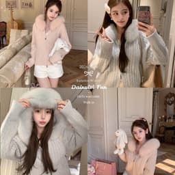 (CHICSEOUL) Áo khoác len hoạ tiết vặn thừng/đan phối lông mũ tone màu pastel xinh xắn phong cách Nertro Hàn Quốc 2