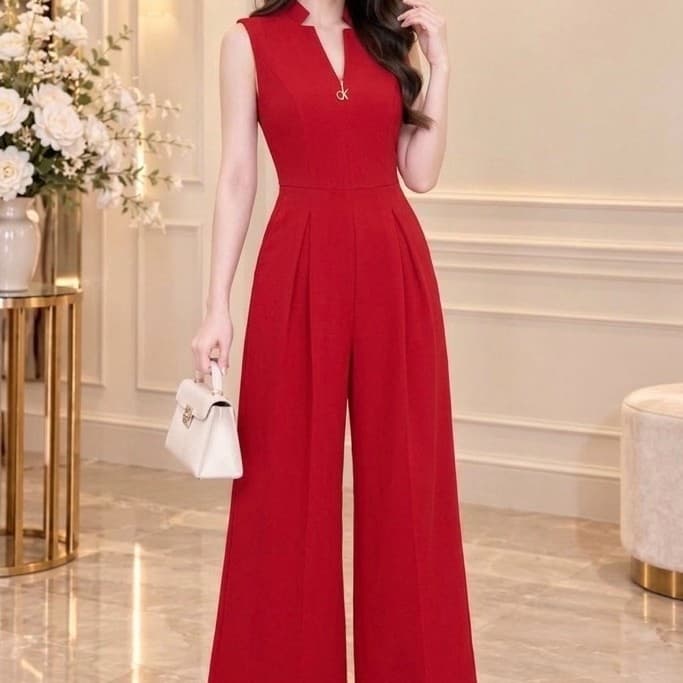 [ Hiền VNXK] Jumpsuit Nữ Dáng Dài Ống Rộng Sát Nách Cổ V Chất Thun Cát Dày Dặn - Đồ Bộ Liền Thân Dự Tiệc, Công Sở