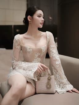 𝗝𝗘𝗡𝗡𝗬𝗖𝗟𝗢𝗦𝗘𝗧 ® Đầm nữ dài tay ren hoa 3D cổ U đan lưng dáng chữ A , Váy dự tiệc dáng ngắn sang chảnh -V24 3