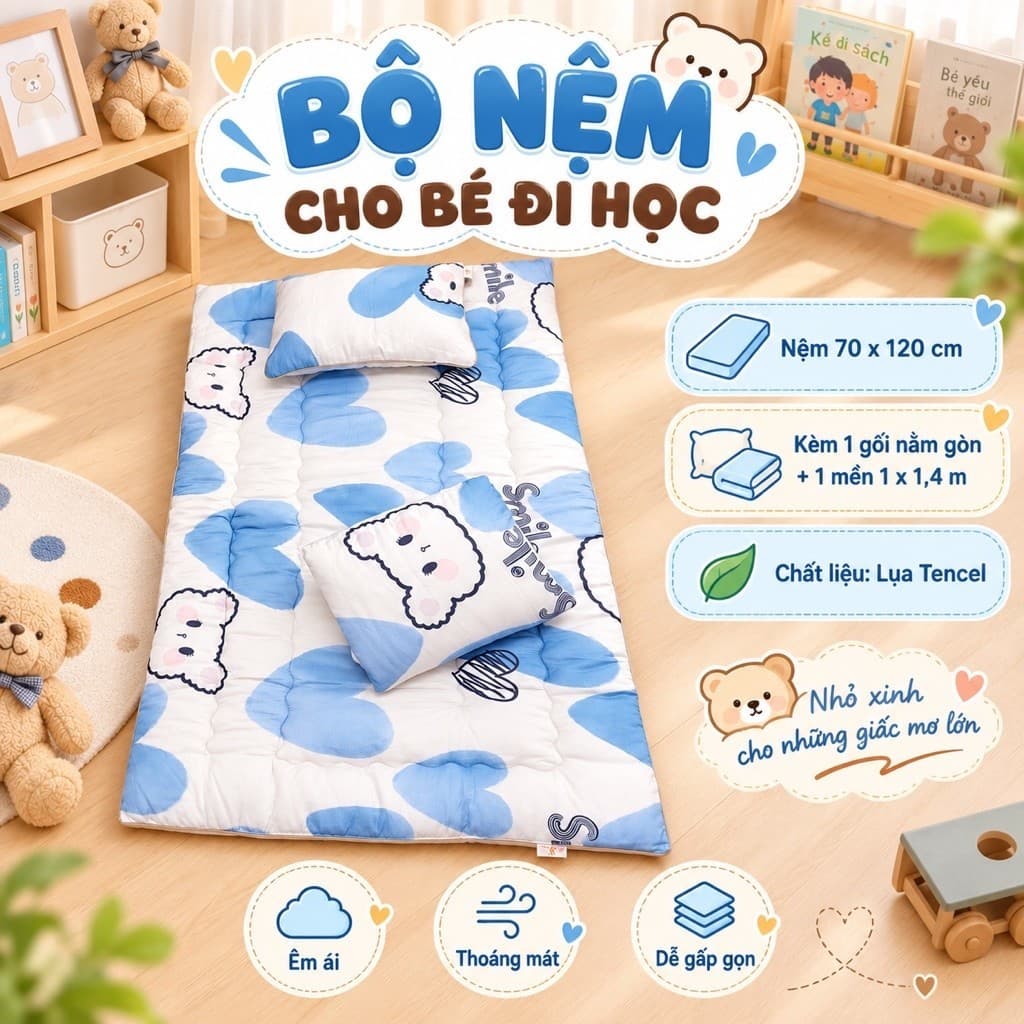 Bộ Nệm Cho Bé Đi Học Aniva Home 70x120cm, Kèm Gối Nằm Gòn + Mền Lụa Tencel 1x1m4, Nệm Ngủ Trưa Mầm Non