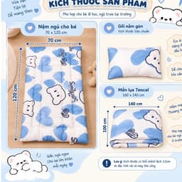 Bộ Nệm Cho Bé Đi Học Aniva Home 70x120cm, Kèm Gối Nằm Gòn + Mền Lụa Tencel 1x1m4, Nệm Ngủ Trưa Mầm Non 3