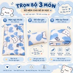 Bộ Nệm Đi Học Cho Bé Aniva Bedding 70x120cm, Kèm Gối Nằm Gòn + Mền Lụa Tencel 1x1m4, Nệm Ngủ Trưa Mầm Non 2