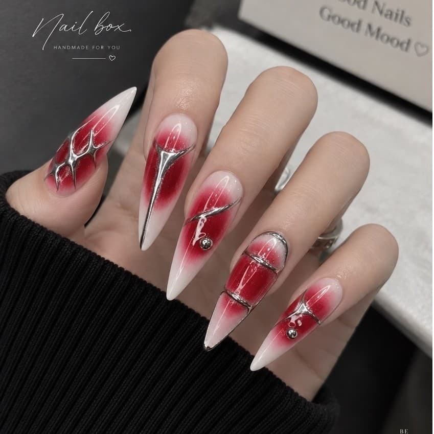 Nailbox Handmade Đỏ Ombre Trắng Chrome Bạc Cá Tính | Móng Giả Thiết Kế Thủ Công Y2K – Mellow Nailbox