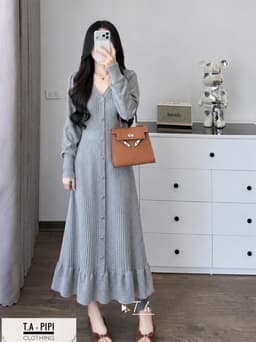 <Đầm Bầu Quynhanhhoue> (QC) Váy len bèo khuy dọc freesize 5