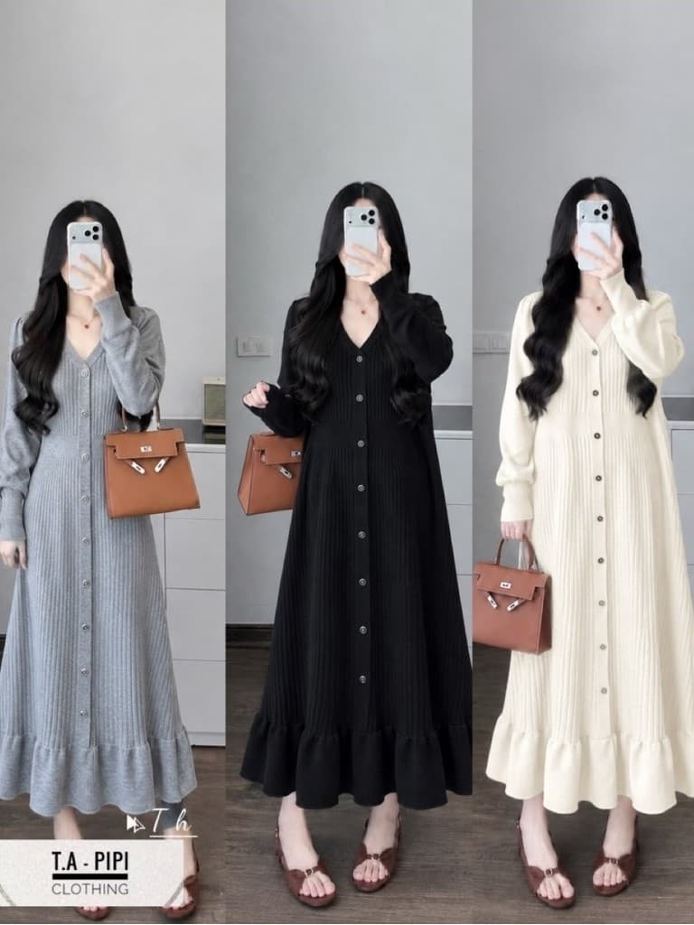<Đầm Bầu Quynhanhhoue> (QC) Váy len bèo khuy dọc freesize