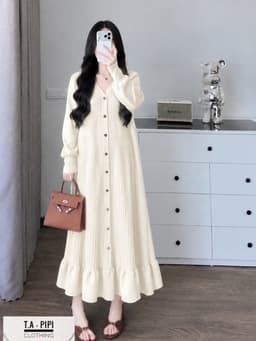 <Đầm Bầu Quynhanhhoue> (QC) Váy len bèo khuy dọc freesize 7