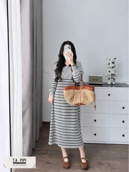 <Đầm Bầu Quynhanhhoue> (QC) Váy len kẻ thêu ngựa freesize 8