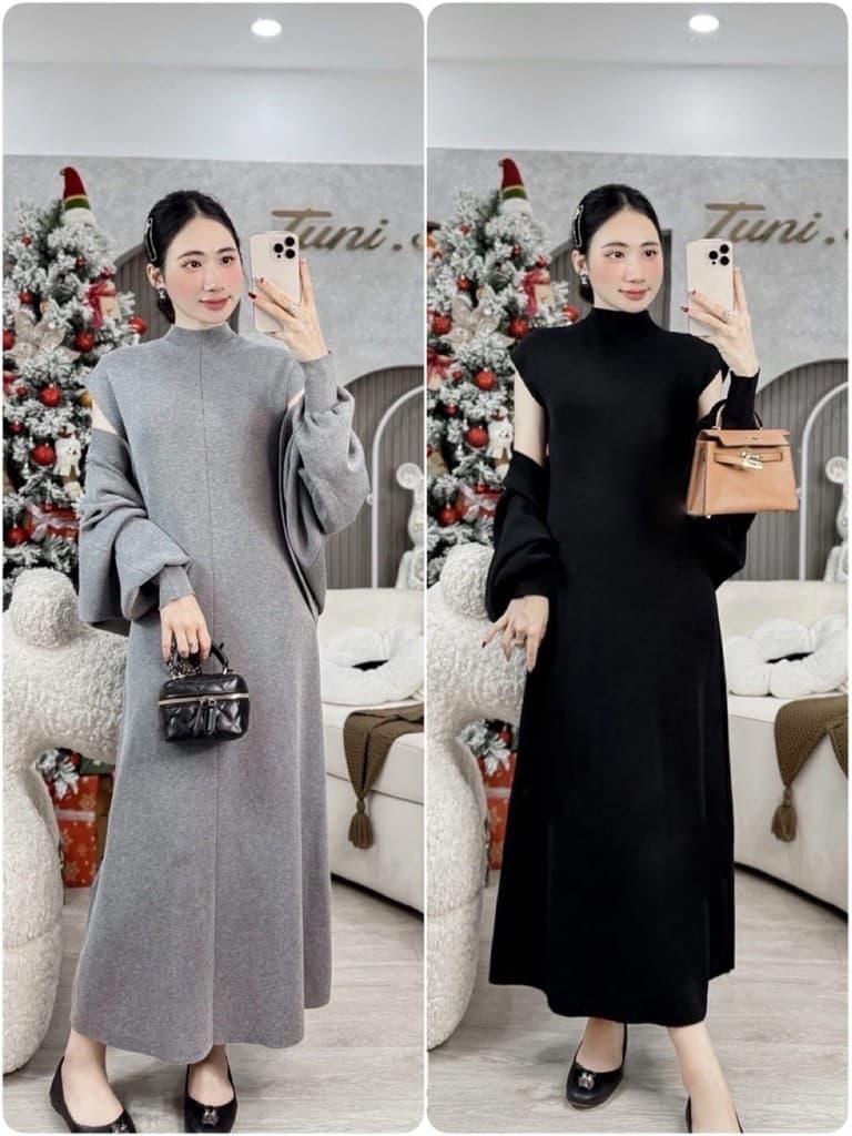 <Đầm Bầu Quynhanhhoue> (QC) Set len choàng 2 màu đen - ghi freesize