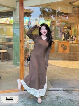 <Đầm Bầu Quynhanhhoue> (QC) Váy len cổ tim pha chân ren freesize 4