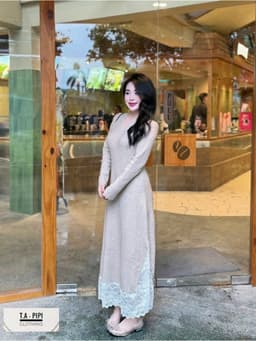 <Đầm Bầu Quynhanhhoue> (QC) Váy len cổ tim pha chân ren freesize 9