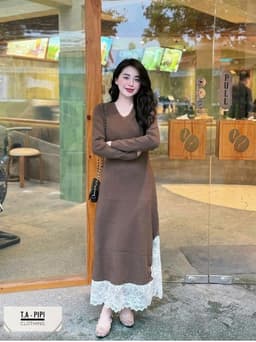 <Đầm Bầu Quynhanhhoue> (QC) Váy len cổ tim pha chân ren freesize 6