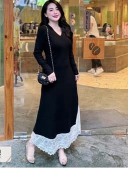 <Đầm Bầu Quynhanhhoue> (QC) Váy len cổ tim pha chân ren freesize 7