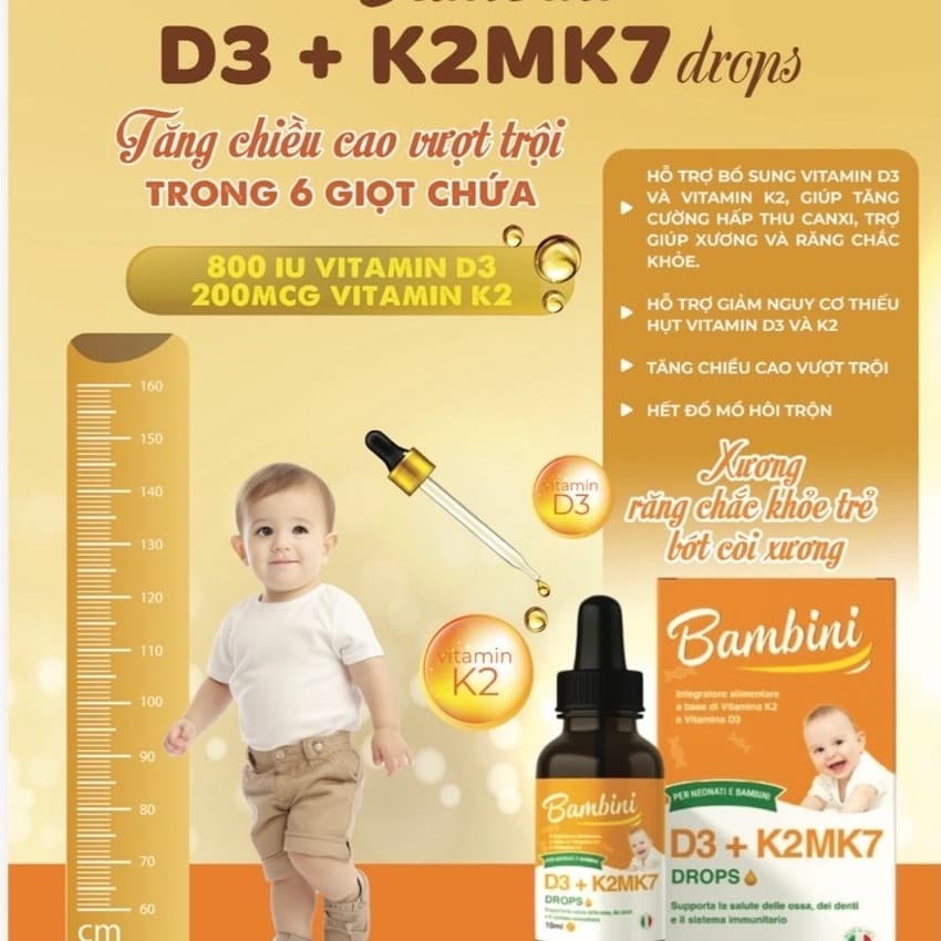Bambini D3 + K2MK7 drops-Tăng chiều cao vượt trội-Xương răng chắc khỏe trẻ bớt còi xương[MÈO MẬP SHOP]