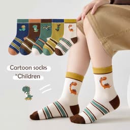 Set 5 Đôi Tất Cổ Cao Chống Trơn Cho Bé Trai Họa Tiết Khủng Long 1-12 Tuổi, Tất Cổ Cao Chống Trơn Trượt Cho Bé An Toàn 1