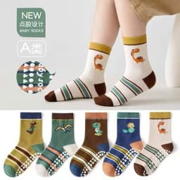 Set 5 Đôi Tất Cổ Cao Chống Trơn Cho Bé Trai Họa Tiết Khủng Long 1-12 Tuổi, Tất Cổ Cao Chống Trơn Trượt Cho Bé An Toàn 6