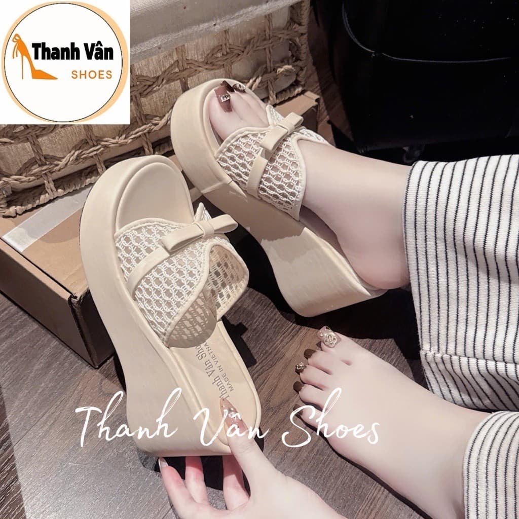 (D0476)Dép xuồng nơ quai lưới mềm cao 7 phân 3 màu_Thanh Vân Shoes