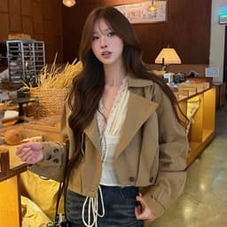 (Dmina)  Áo Khoác Mangto Kaki Dáng Ngắn Cổ Bẻ Vạt Chéo Cúc Cài Basic mặc được nhiều mùa  - ảnh thật 3
