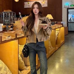 (Dmina)  Áo Khoác Mangto Kaki Dáng Ngắn Cổ Bẻ Vạt Chéo Cúc Cài Basic mặc được nhiều mùa  - ảnh thật 4