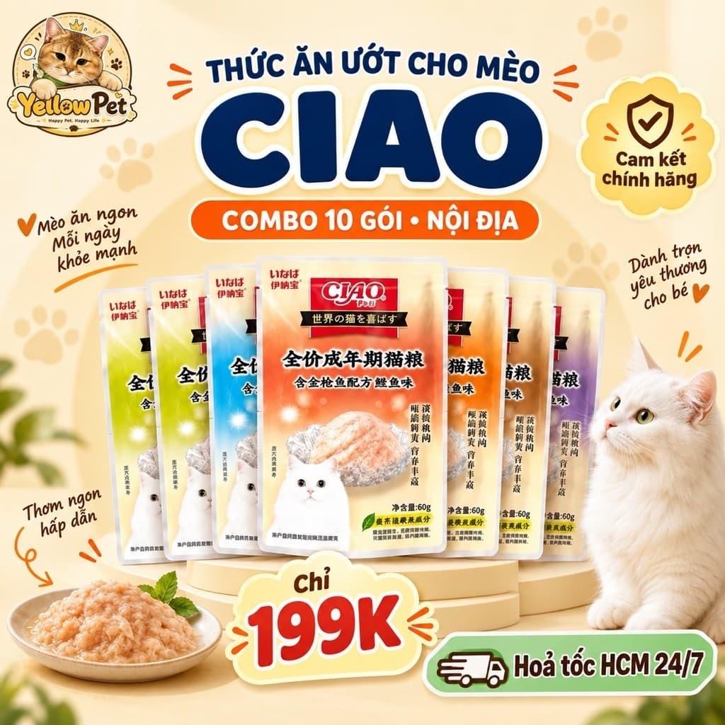 Combo 10 gói pate Ciao Nội Địa Mix Vị Thượng Hạng Cho Mèo Bổ Sung Năng Lượng | Yellow Pet