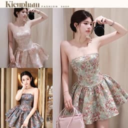 Đầm Gấm Cúp Ngực Hoa Nhí Dáng Ngắn Chiết Eo Cao Cấp Kieupham.shop 1