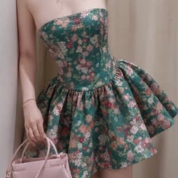 Đầm Gấm Cúp Ngực Hoa Nhí Dáng Ngắn Chiết Eo Cao Cấp Kieupham.shop 8