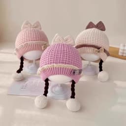 (1-3 Tuổi) Mũ Len 2 Lớp Dày Dặn 2 Dây Tóc Công Chúa Dễ Thương Cho Bé Gá : ( MŨ 2 Dây TÓC NƠ) 7