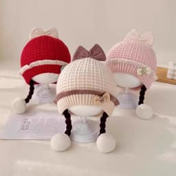 (1-3 Tuổi) Mũ Len 2 Lớp Dày Dặn 2 Dây Tóc Công Chúa Dễ Thương Cho Bé Gá : ( MŨ 2 Dây TÓC NƠ) 4