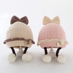 (1-3 Tuổi) Mũ Len 2 Lớp Dày Dặn 2 Dây Tóc Công Chúa Dễ Thương Cho Bé Gá : ( MŨ 2 Dây TÓC NƠ) 3