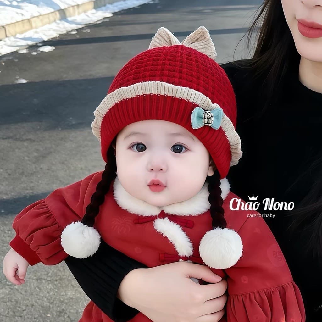 (1-3 Tuổi) Mũ Len 2 Lớp Dày Dặn 2 Dây Tóc Công Chúa Dễ Thương Cho Bé Gá : ( MŨ 2 Dây TÓC NƠ)