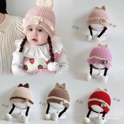 (1-3 Tuổi) Mũ Len 2 Lớp Dày Dặn 2 Dây Tóc Công Chúa Dễ Thương Cho Bé Gá : ( MŨ 2 Dây TÓC NƠ) 9